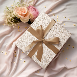 Papier Cadeau Taupe Feuille Brown Motif Floral Sur Iivoire Ecru