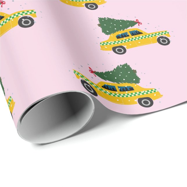 Papier Cadeau Taxi-taxi jaune Motif de sapin rose Christmasr (Coin rond)