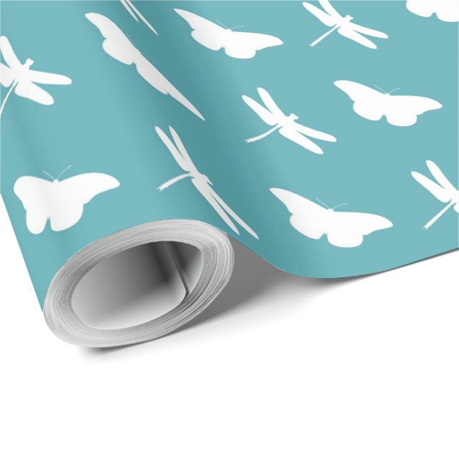 Papier Cadeau Teal and White Butterfly and Dragonfly Pattern (Coin rond)