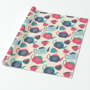 Papier Cadeau Teapots et tasses de thé bleu et rouge