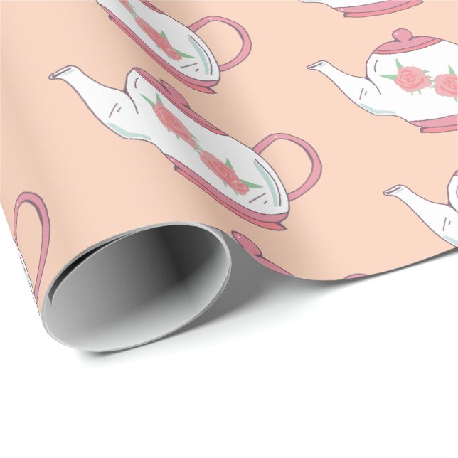 Papier Cadeau Teapots Motif de Teapots rose et blanc (Coin rond)