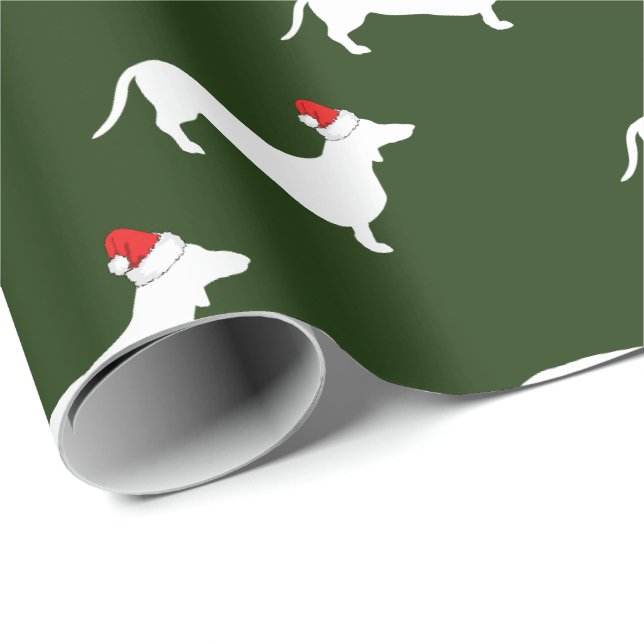 Papier Cadeau Teckels de Noël et casquettes blancs de Père Noël (Coin rond)