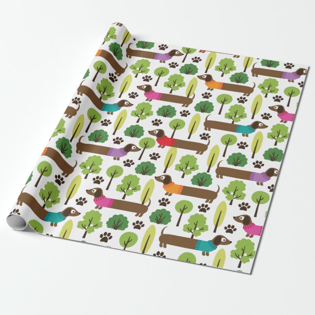 Papier Cadeau Teckels sur une promenade en parc (Déroulé)
