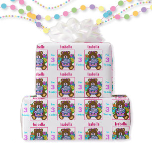 Papier Cadeau Teddy Bear Anniversaire Nom du gâteau Age rose