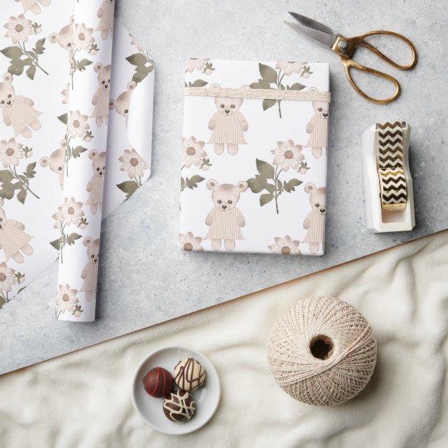 Papier Cadeau Teddy Bear Baby Girl Floral Neutral Baby shower (Artisanat)