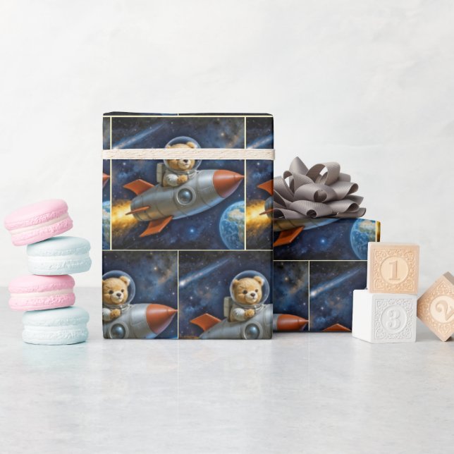 Papier Cadeau Teddy Bear Flying In a Rocket Ship (Baby Shower)