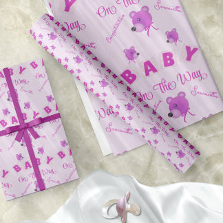 Papier Cadeau Teddy Bear With Pink Purple Text Baby Shower