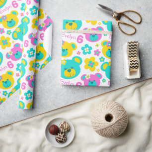 Papier Cadeau Teddy ours fleurs 6e anniversaire nom papier cadea