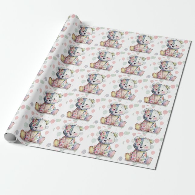 Papier Cadeau Teddy Ours Floral Patchwork Girl Baby shower (Déroulé)