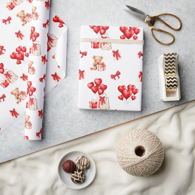 Papier Cadeau Teddy Saint Valentin mignonne avec Ballons en form (Artisanat)