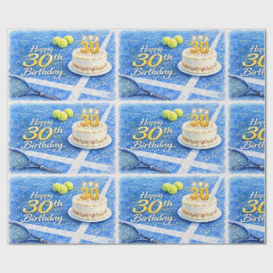 Papier Cadeau Tennis 30e anniversaire avec gâteau et balle sur l