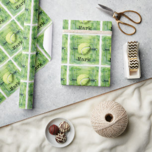 Papier Cadeau Tennis Anniversaire avec balle de tennis et raquet