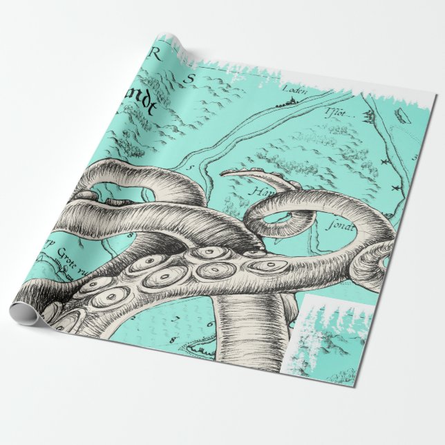 Papier Cadeau Tentacles Octopus Carte Vintage Turquoise Encre (Déroulé)