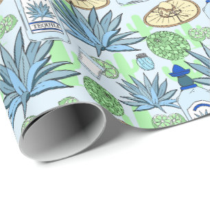 Papier Cadeau Tequila Boire Bleu Agave Cactus Motif