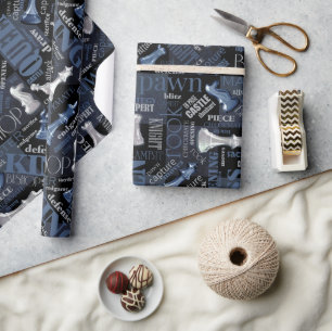 Papier Cadeau Termes et pièces d'échecs Argent et bleu ID784