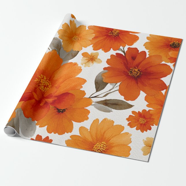 Papier Cadeau Terracotta Orange Floral Botanique Vintage (Déroulé)