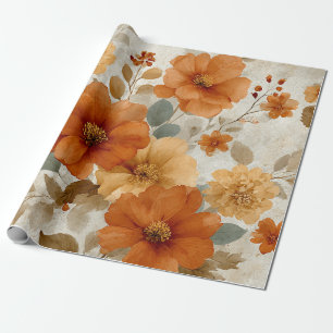 Papier Cadeau Terracotta Orange Floral Botanique Vintage