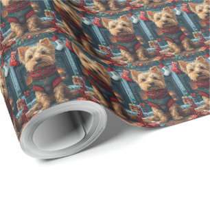 Papier Cadeau Terrier Australien avec des cadeaux de Noël Chemin