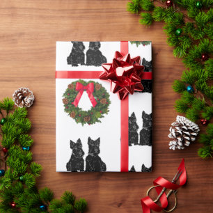 Papier Cadeau Terriers écossais avec couronne de Noël