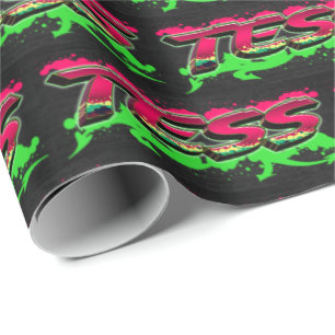 Papier Cadeau Tess prénom nom Graffiti rouge vert