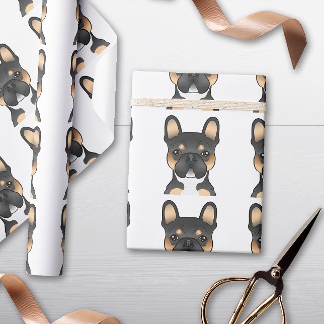 Papier Cadeau Tête de Bouledogue Français Tricolore Noir Motif (Créateur téléchargé)
