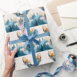 Papier Cadeau Tête de cerfs avec bois et arbres forestiers