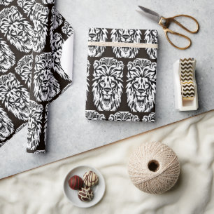 Papier Cadeau Tête de lion noir et blanc gravure