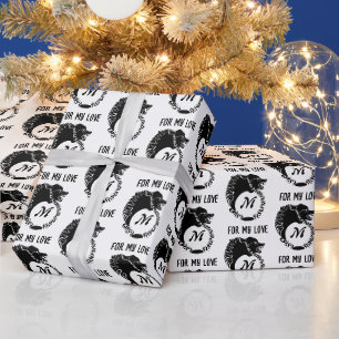 Papier Cadeau Tête de loup noir tribal Silhouette Laurel Monogra