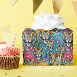 Papier Cadeau Tête de tigre couleurs arc-en-ciel peinture taches