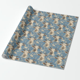 Papier Cadeau Têtes de chèvre et fleurs sur bleu