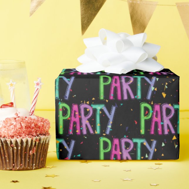 Papier Cadeau Texte du parti et Confetti en noir (Fête d'anniversaire)