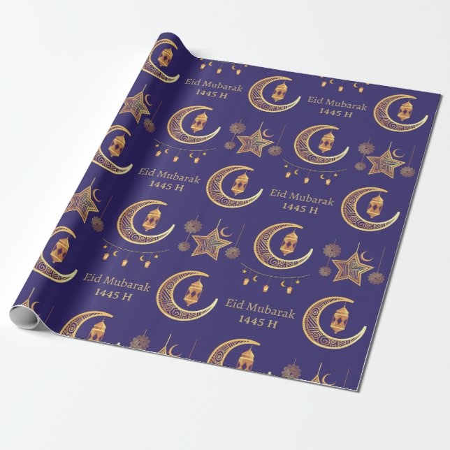 Papier Cadeau Texte modifiable Aïd el-Fitr Moubarak bleu foncé (Déroulé)
