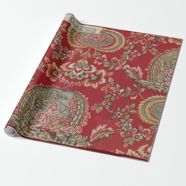Papier Cadeau Textile français d'antiquité rouge (Déroulé)
