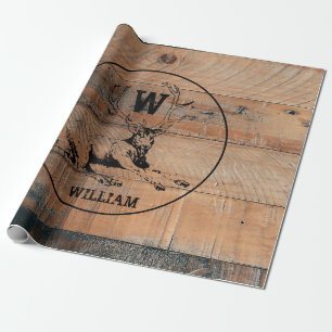 Papier Cadeau Texture en bois rustique et monogramme de cerfs su