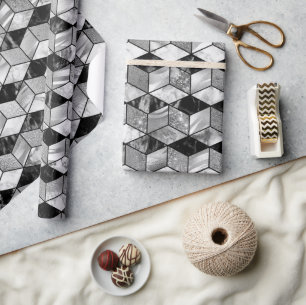 Papier Cadeau Texture géométrique en marbre noir, argent et blan