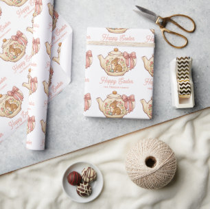 Papier Cadeau Théière de lapin de Pâques personnalisée Floral