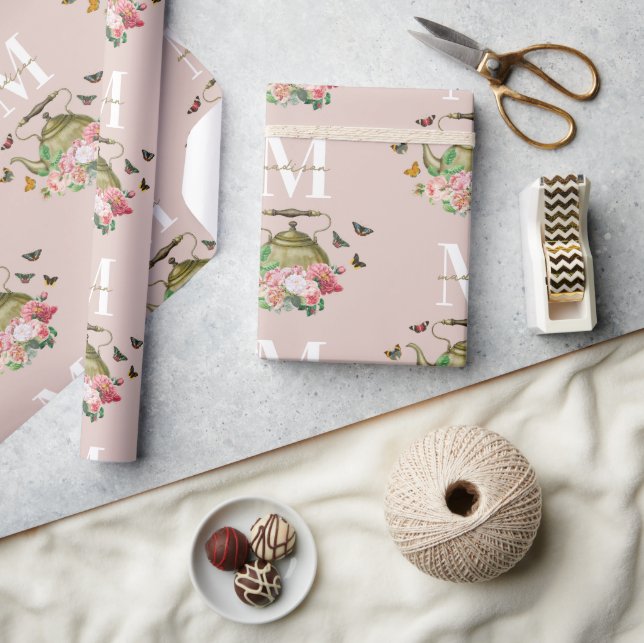 Papier Cadeau Théière Fleurs Roses et Papillons Monogramme (Artisanat)