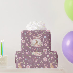 Papier Cadeau Théière Lapin Fantaisiste Motif Floral de Printemp