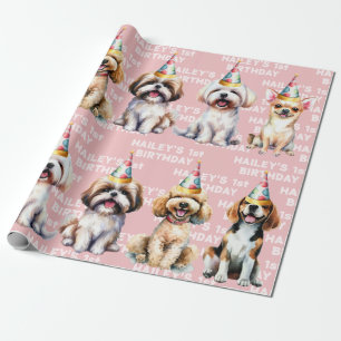 Papier Cadeau Thème de chien Anniversaire fête rose