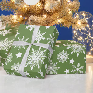 Papier Cadeau Thème de Noël Green White Snowflakes Motif