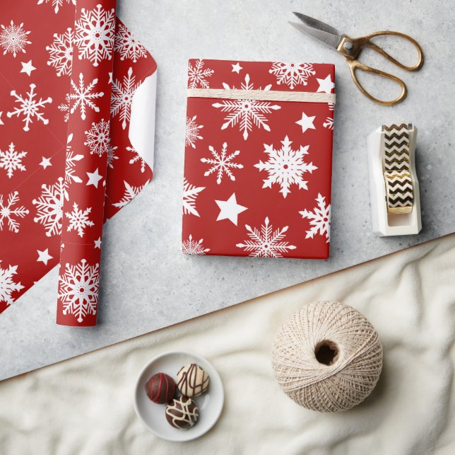 Papier Cadeau Thème de Noël Rouge Blanc Snowflakes Motif (Artisanat)