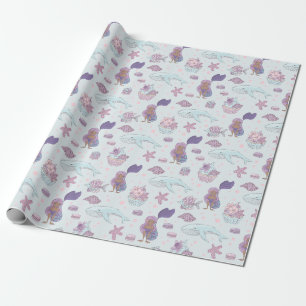 Papier Cadeau Thème de Sirène Noire Anniversaire Pastel Turquois