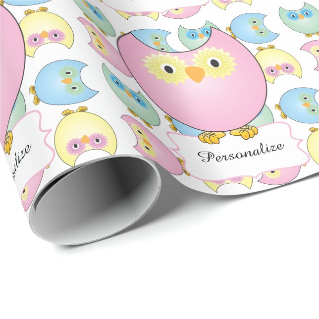 Papier Cadeau Thème du Baby shower de Chouette Rose Pastel (Coin rond)