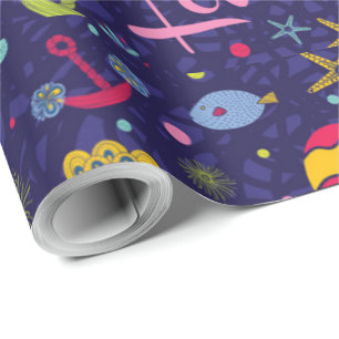 Papier Cadeau Thème marin Ancre Poisson Starfish Seahorse