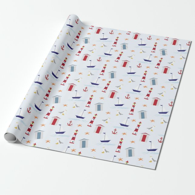 Papier Cadeau Thème nautique Pale Bleu Rouge Jaune Motif (Déroulé)