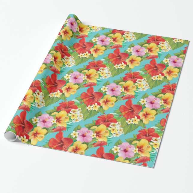 Papier Cadeau Thème tropical d'îles de ketmie hawaïenne (Déroulé)
