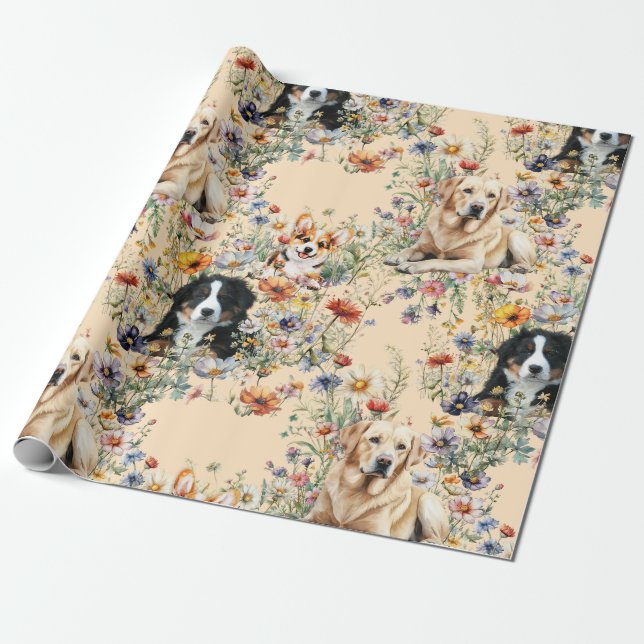 Papier Cadeau Three Dogs in Wildflowers Seamless  (Déroulé)