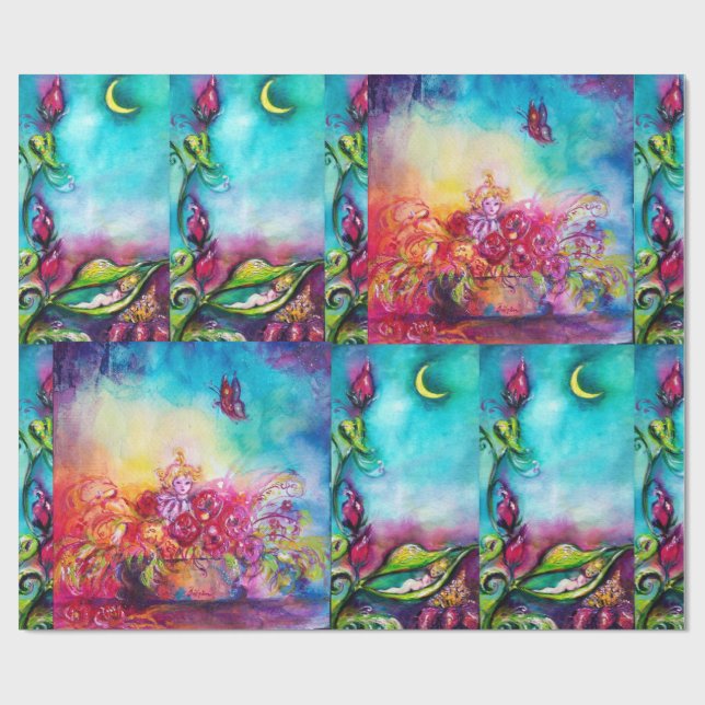 PAPIER CADEAU THUMBELINA DORMIR ENTRE FEUILLES ROSE (Plat)