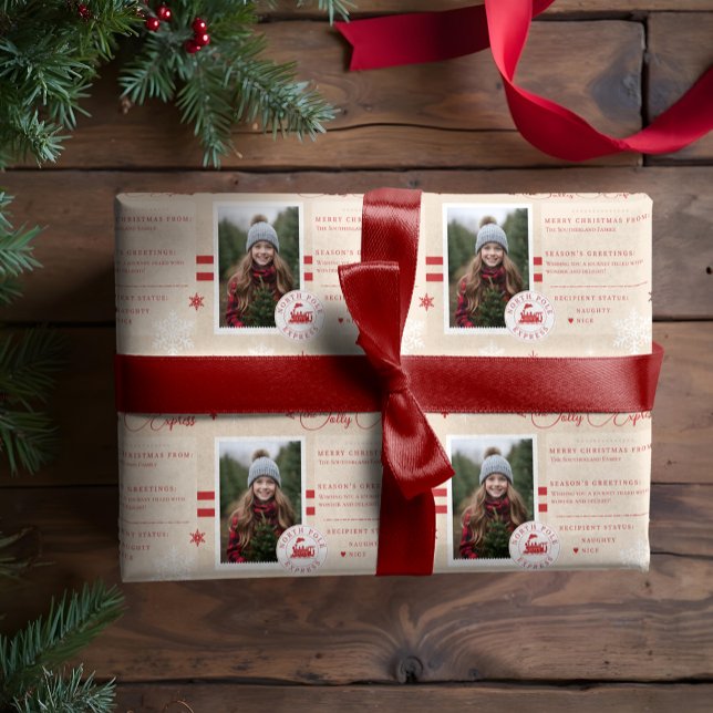 Papier Cadeau Ticket de Noël du train d'Express du Pôle Nord (North Pole Express Train Ticket Christmas Photo Wrapping Paper)