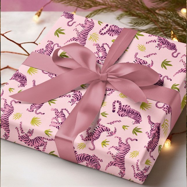 Papier Cadeau Tigers roses mignons Feuilles tropicaux Animal Abs (Créateur téléchargé)